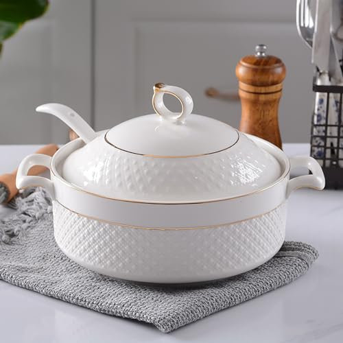 Elegante sopa de porcelana blanca con diseño dorado, tapa de doble asa y cuchara, capacidad de 1,5 L