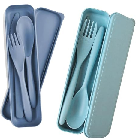 2 Sets Portable Reusable Cutlery Set with Case – Eco-Friendly Plastic Utensils for Travel & Outdoor Dining | Compact & Lightweight | Sustainable & Durable | Ideal for Lunch, Camping, Picnic