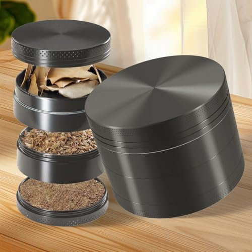 Grinder Crusher Ø 4.9cm mit Pollen Scraper, 4-teilige Kräutermühle aus Edelstahl – Manueller Gewürz Crusher, Gewürze, Kräuter – Kompakt & Langlebig Gewürzmühle (Nickel-Schwarz) -dY8x1
