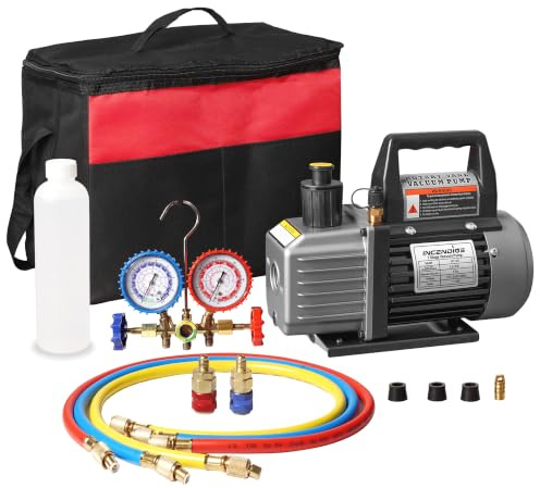 4.5 CFM 1/3 HP AC Vacuum Pump And Gauge Set, Single Stage HVAC Kit | Compatible with R12 R22 R502 R134A R404 R407 R452A, Manifold Gauge Set, Charging Hoses, 330 Ml Oil Included