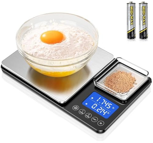 Dual Platform Kitchen Scales with High Precision: 15kg/33lb Capacity at 1g & 500g Capacity at 0.01g, Professional Food Scales for Baking Sourdough Bread and Cooking, 7 Units, Tare, Accumulation,Silver