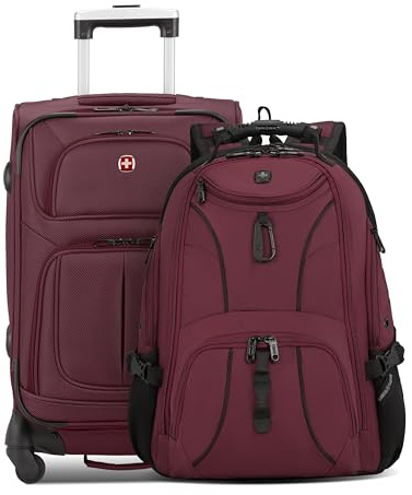 SwissGear Sion Softside Expandable Spinner Luggage Durable Lightweight Travel Suitcase, Merlot, 2-Piece Set (Carry-On/Backpack)