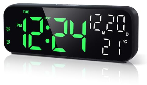Lafocuse Sveglia Digitale da Comodino LED con Numeri Grandi Verde, Temperatura e Calendario, Luminosità Regolabile, Snooze, Doppi Allarme, Conto Alla Rovescia, 12/24H per Camera da Letto, Scrivania