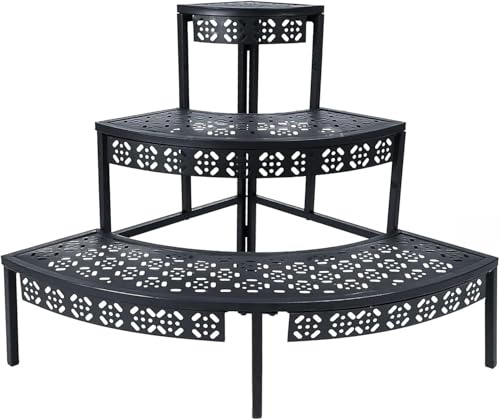 Blumenständer, Pflanzenregal aus Metall, 3 Stufen Pflanzenständer, Blumentreppe mit Großer Kapazität, Blumenregal für Outdoor Indoor Balkon Garten, Regal für Zimmerpflanzen (Schwarz, Halbkreis)