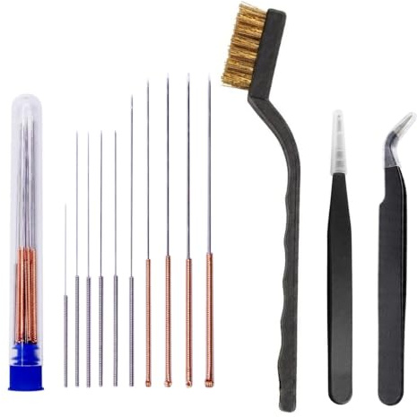 Lahkvor 19 Pièces Kit de Nettoyage Buse Imprimante 3D, Aiguilles de Nettoyage avec Brosse en Fil de Cuivre et Buses, Outil d'Entretien pour Imprimante 3D, Comprend Buse Droite et Coudée