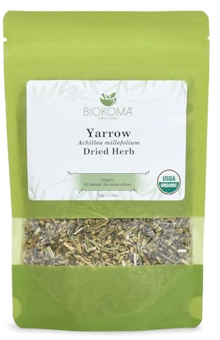 Biokoma Organic Yarrow Dried Herb 50g 1.76oz Dried Loose Achillea Millefolium Digestion Skin Health Support USDA Organic Caffeine Free Herbal Tea Resealable Pouch Pure No Preservatives No GMO Kosher