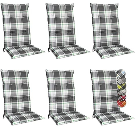 Beautissu 6er Set Hochlehner Auflagen für Gartenstühle rutschfest Mintgrün | 120x50cm Kariert 6cm Dicke Polsterauflage bequem Stuhlkissen Sitzauflage Polster UV-Lichtecht Gartenstuhlauflagen Sunny MK
