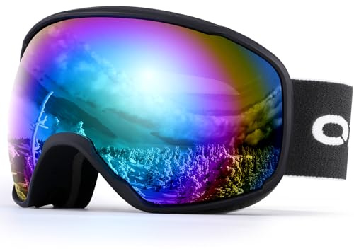Odoland Gafas de Esquí para Adultos y Jóvenes, Gafas de Snowboard de Doble Capa - Protección UV y a Prueba de Viento, Correa Ajustable, BL