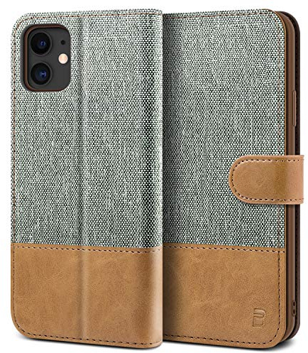 BEZ Handyhülle für iPhone 11 Hülle, Tasche Kompatibel für iPhone 11, Schutzhüllen aus Klappetui mit Kreditkartenhaltern, Ständer, Magnetverschluss, Grau