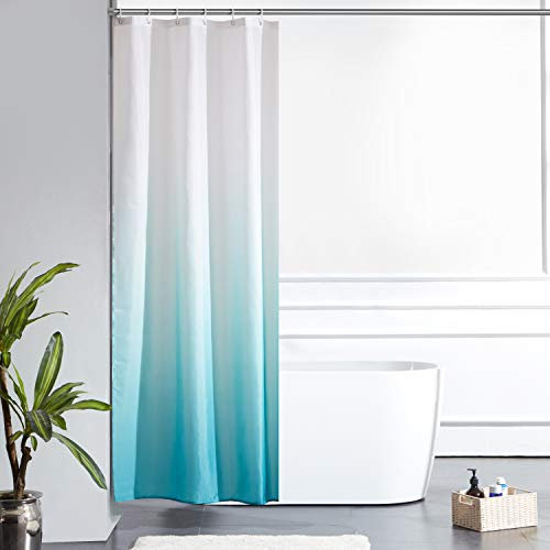 Furlinic Shower Curtain White and Turquoise Mould Resistant Polyester Fabric Bath Curtains with Weighted Hem Waterproof Washable for Wet Room Bathroom Narrow 35x72 Inch(90x180cm).