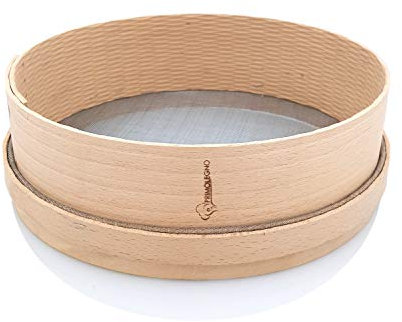 PRIMOLEGNO Tamiz de Madera Maciza Certificado | Diámetro 27 cm | Malla fina 1x1 mm | Adecuado para Tamizar Harina, Cereales, Azúcar, Maíz, Arroz, Arena | Red Grabable