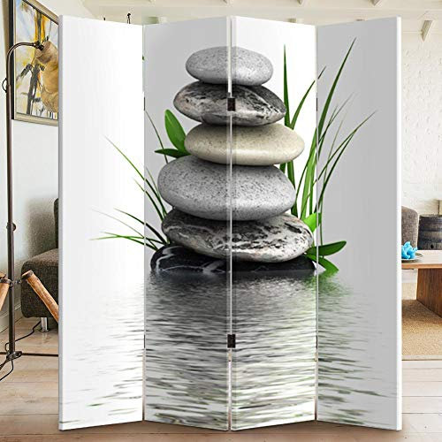 BAKAJI Paravento Separè 4 Pannelli Struttura in Legno Rivestimento in Tela con Stampa Fronte Retro Pietre e Bambù Divisorio Richiudibile Pieghevole Design Moderno Dimensione 180 x 160 cm