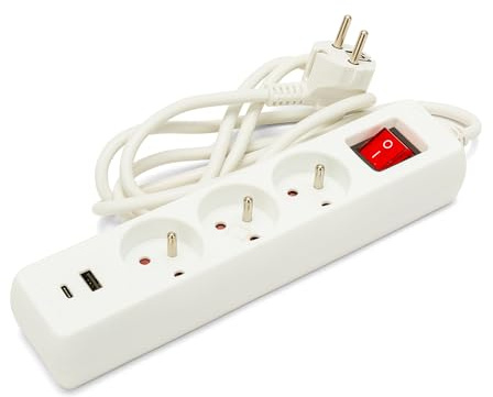 Multiprise française 3 sorties 2P+T et 2 prises USB Câble 1,5 m