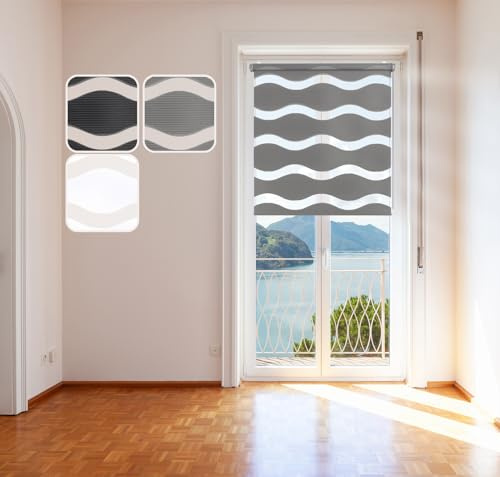 Doppelrollo Wave, Grau 60x150cm Duo-Rollo Klemm-Fix mit Klemmträger, Fenster-Rollo/Seitenzug-Rollo ohne Bohren