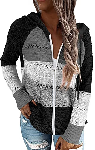 GOLDPKF Zip Hoodie Langarmshirt Damen Hoodies Hohler Pullover Gestreift Farbanpassung Sweatshirt Hoodie Strickjacke Damen Lang Strickpullover Damen Oversize Schwarz M 40-42