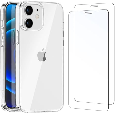 NEW'C Hülle für iPhone 12, 12 Pro Ultra Transparent Silikon Weiches TPU Gel und 2 × Panzer Schutz Glas