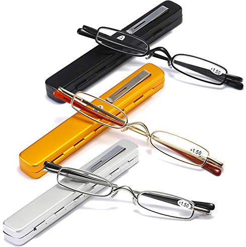 MMOWW MMOWW3er-Pack Mini Metall Lesebrillen Damen Herren Federscharnier Klassische Klein Schmal Leicht Lesehilfe Sehhilfe Brillen mit Etui (Schwarz+Golden+Silber,+3.0)