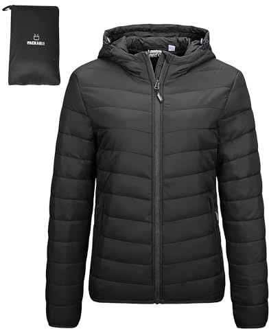 Outdoor Ventures Damen Steppjacke Leichte Packbare Übergangsjacke Warme Winterjacke mit Kapuze für Frauen Gefüttert Pufferjacke mit Taschen für Freizeit Wandern Reisen Schwarz XL