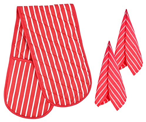 HouseGads Oven Gloves Double & Kitchen Towels 100% Cotton Kitchen Accessories - Heat Resistant Gloves - Absorbent Tea Towels Machine Washable Oven Mitt - Oven Gloves Heat Resistant (Red)