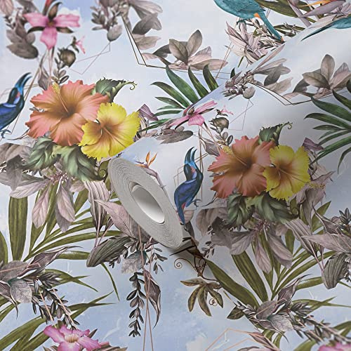 A.S. Création Carta da parati con fiori uccelli bianchi e verde 381784 in tessuto non tessuto, effetto floreale, per soggiorno, 10,05 x 0,53 m, Made in Germany