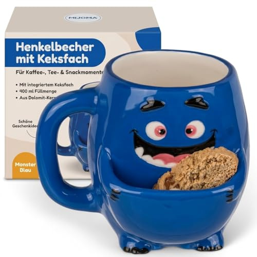 MIJOMA Henkelbecher mit Keksfach – Lustige Tasse aus Dolomit, 400 ml, origineller Kaffeebecher mit Snackfach, witziges Mitbringsel für Keks- & Teeliebhaber (Monster blau)