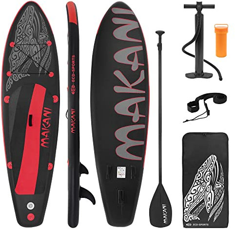 ECD Germany Aufblasbares Stand Up Paddle Board Makani 320x80x15 cm Schwarz-Rot, aus PVC, bis 120 kg, Komplettset Pumpe Tragetasche SUP Board Paddling Board Paddelboard Surfboard, Verschiedene Modelle