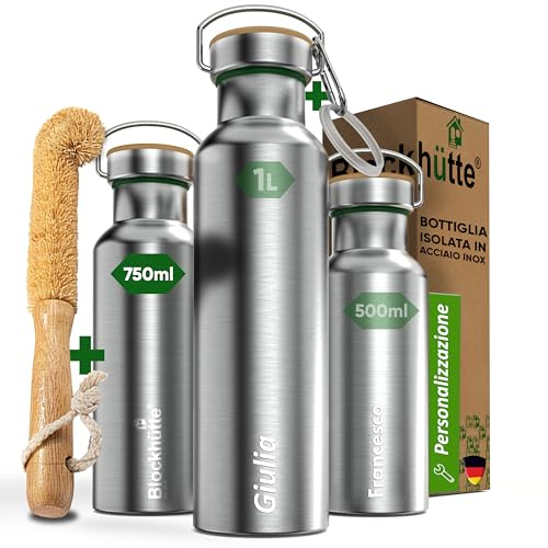 Blockhütte Personalisierte Edelstahl Trinkflasche 750ml I Auslaufsichere Wasserflasche für Kinder, Erwachsene, BPA-frei, Kohlensäure geeignet, Thermoflasche Schule, Outdoor, Gravur mit Namena