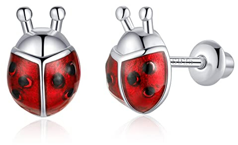 TIZU Boucles d'oreilles coccinelles en argent sterling 925 pour Enfant Fille Femme, Boucles d'oreilles Hypoallergéniques Avec Dos de À Vis Sécurité
