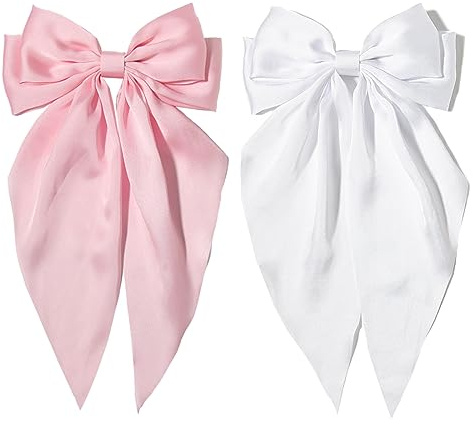 Furling Pompoms Pink Hair Bow Clips for Women,Large White Satin Hair Bows,Long-Tail Alligator Clips,Big Hair Bow Girls 2pcs Hair Accessories for Birthday Wedding Prom Party