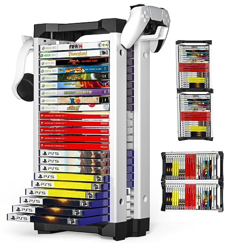 ZeroTop Tour de rangement universel pour PS5/PS4/Xbox One/Series X/S/Switch, DVD et Blu-Ray, contient 23 jeux, 2 supports de manette