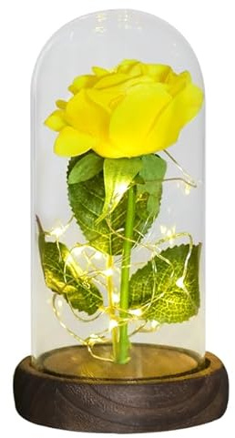 KEOU Rose In Glass Dome Artificial Forever Flower LED Light for Women-yellow flower