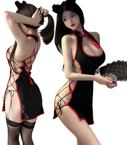 Temptshow Mujer Cosplay Chino Slim Fit Vestido Muñeca Lindo Sexy Ranura Ropa Interior, Negro , Talla única