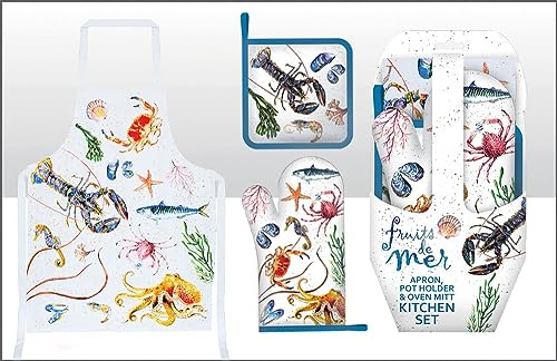 Elgate Fruits De Mer Seafood 3 Piece Oven Mitt Gloves Pot Holder & Apron Kitchen Set For Cooking and Baking 100% Cotton Gift Souvenir Fish Sea Life