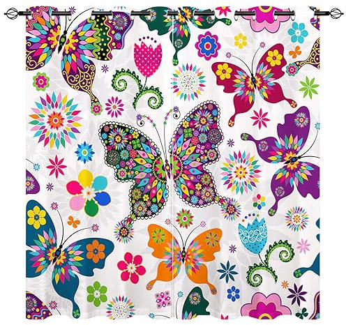 YUANZU Schmetterlingen Vorhänge Frühling weißes Bunten Blumen Ösen Gardinen mit Blickdichte Thermo Vorhang Kälteschutz Blackout Curtain Mädchenzimmer Verdunkelung Fenster, 2 Stück, H 220 x B 140 cm