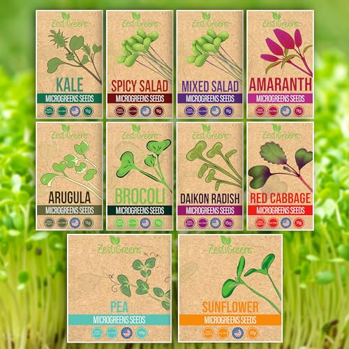 10 Variety Pack Microgreens Seeds - Broccoli, Sunflower, Pea, Salad Mix, Daikon Radish, Kale, Amaranth, Spicy Salad, Red Cabbage, & Arugula. Grow Your own Microgreens with These Organic Seeds.