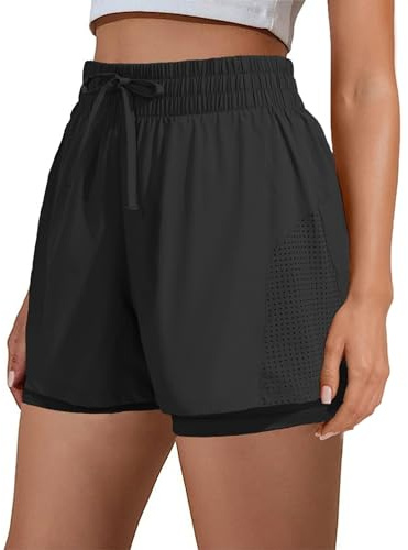 PINSPARK Damen Sporthose Kurz 2 in 1 Sport Shorts High Waist Laufhose | Schnelltrocknende Sportshorts Atmungsaktiv Laufshorts Sommer Leicht Gym Yoga Marathon Trainingshose mit Innentasche