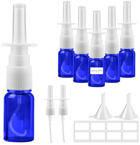 Furuising 6 Piezas 10ml Botellas de Aerosol Nasal, Vidrio Botella de Spray Nasal, Vacía Botellas de Pulverizador con Embudo, Pegatinas, Aspersores para Aceite Esencial Salino