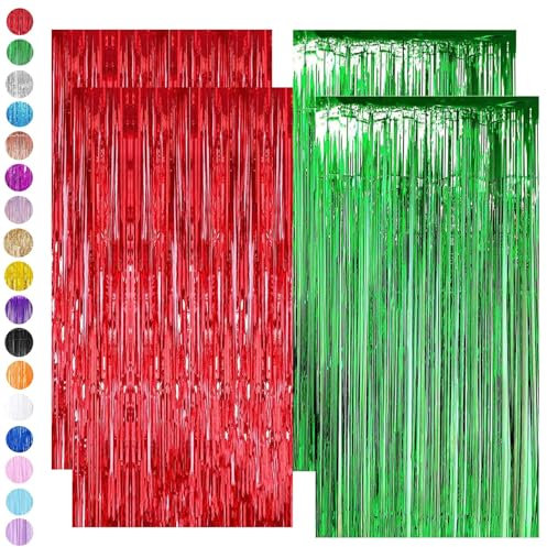 Red Green Tinsel Curtain Party Backdrop Glitter,4P 3.2ft x 6.5ft Laser Foil Curtain Christmas Decorations,Foil Fringe Streamers Metallic Tinsel Door Hanging Foil Flow Silk Streamers for Xmas Party
