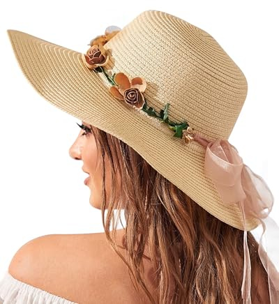 Beach Hats for Women, Wide Brim Sun Straw Hat for Women, Sun Hat UPF 50+ UV Protection, Medium, Beige Flower Strap