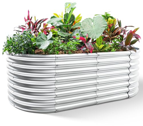 Land Guard 24“ Tall Galvanized Raised Garden Bed Kit, Galvanized Planter Garden Boxes Outdoor, Oval Large Metal Raised Garden Bed for Vegetables (Classic Silver, 4×2×2ft)