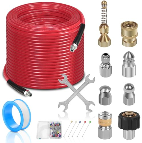 100FT Sewer Jetter Kit for Pressure Washer, 1/4''NPT Drain Cleaner Hose 5800PSI, Pressure Washer Cleaning Kit with Corner Rotating Button Sewer Jetting Nozzles, Quick Connect Set