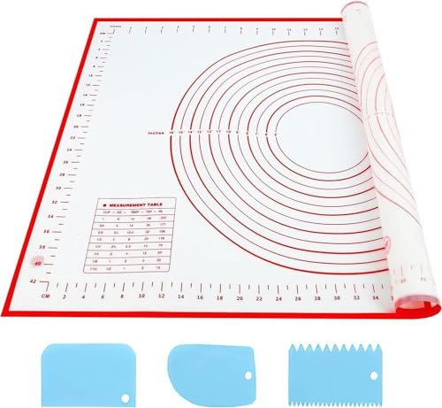 SAEIV Tappetino da Forno in Silicone Rosso 70x50cm, Antiscivolo Antiaderente con Misure, Resistente al Calore con 3 Raschietti Blu, Senza BPA Lavabile in Lavastoviglie