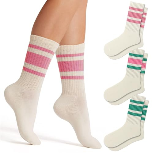 Fszsaa Fun Novelty Women's Striped Crew Socks, Retro Sporty Casual Cotton Socks