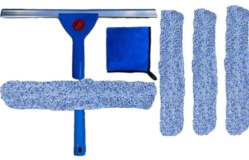 SWISSPACK Squeegee Cleaner and Glass Wiper,14” Professional Window Cleaning Kit Squeegee for Window, Car, Bathroom & Shower 2-in-1 Glass Scrubber Thick Micro Fibre Cloth 30x30 + 3 Scrubbers (6 total)