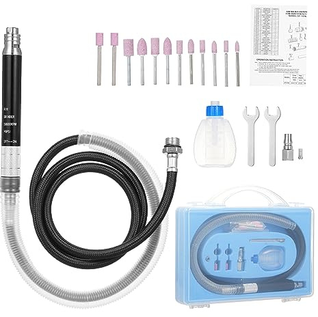 Irfora Ponceuse à air à tige avec tuyau d'air, 2 pinces de serrage, broche rotative pneumatique de 1/4, vitesse en continu, ponceuse manuelle à air, polisseuse, meulage, gravure,