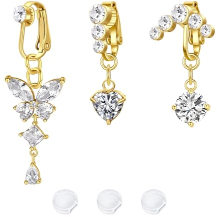 LAURITAMI 3stk Fake Bauchnabelpiercing Faux Bauchpiercing CZ Herz Schmetterling Anhänger Kein Piercing Clip on Bauchnabel