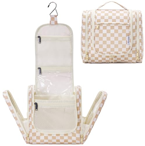 Kulturtasche Damen Zum Aufhängen Kulturbeutel Herren, Waschtasche Zum Aufhängen Damen Kosmetiktasche für Frauen & Mädchen (Gitter Hellbraun)