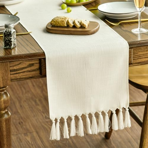 Artoid Mode beige boho lantlig rustik bondgård tofs bordslöpare, 33 x 243 cm vår kök matbordsdekoration bröllop högtid fest dekor