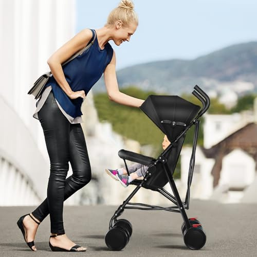 Kinderwagen, leicht und kompakt, von 0 Monaten bis 4 Jahren, maximale Tragfähigkeit von 25 kg, zusammenklappbarer Kinderwagen, neigbare Rückenlehne, automatische Faltung in 1 Schritt, CanopyD-Schwarz