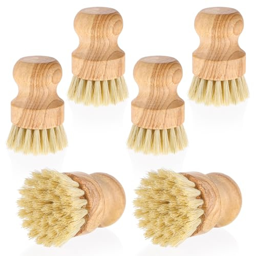 6 Packs Bamboo Dish Scrub Brushes Wok Brush Dish Scrubber Brush Kitchen Dishwashing Scrubber with Natural Bristles Bamboo Scrub Brush for Cleaning Pans, Pots, Sink